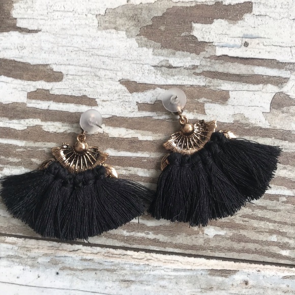 NWOT Jeweled Black Tassel Earrings - Picture 5 of 7